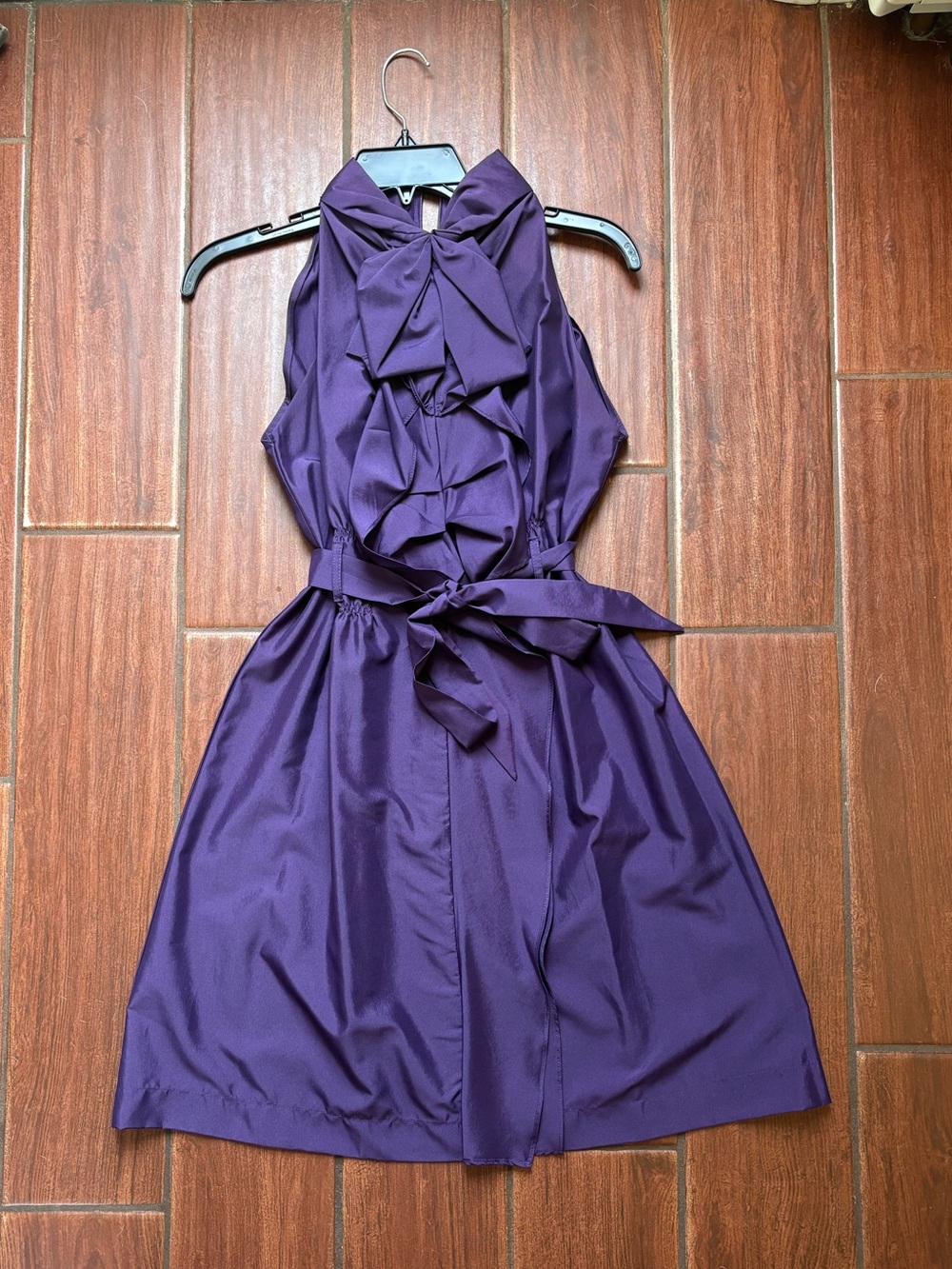 Sleeveless Purple Halter Midi Dress with Front Ruffle and Waist Tie
